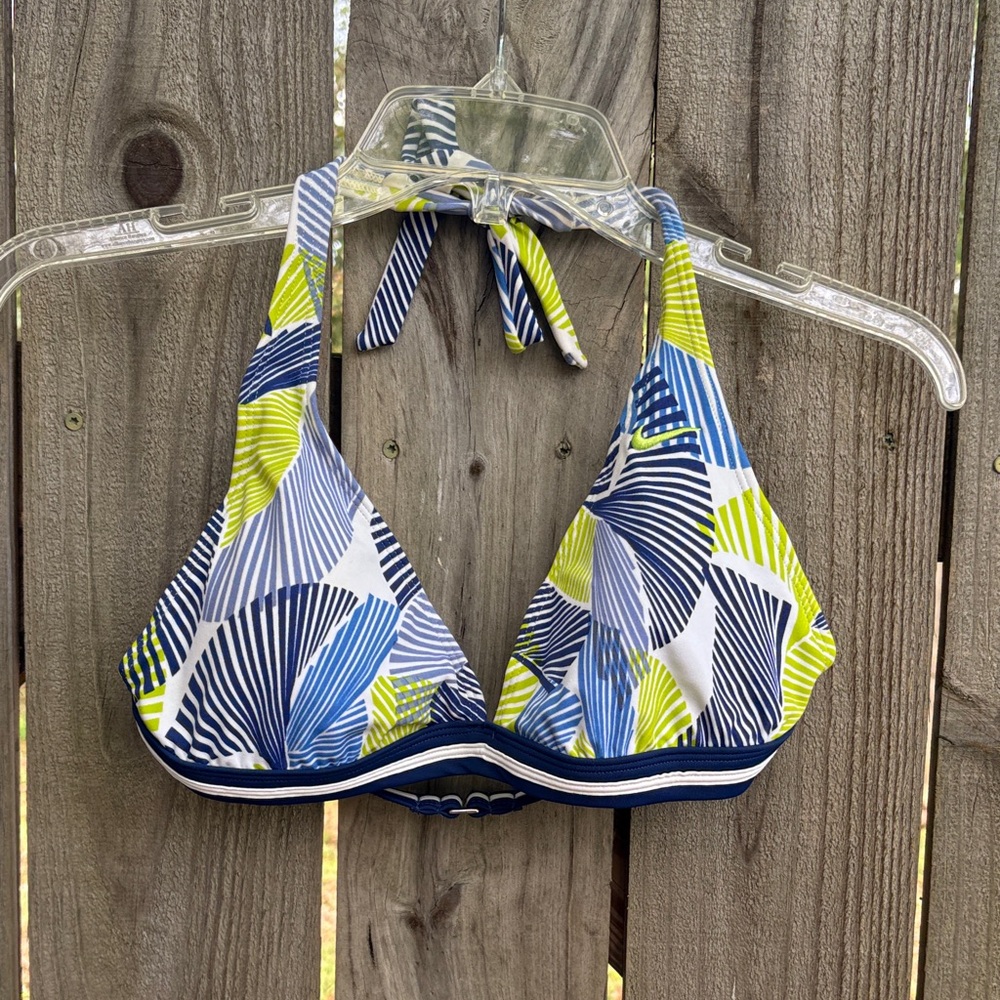 Nike Blue & Lime Leaf-Print Halter Bikini Top